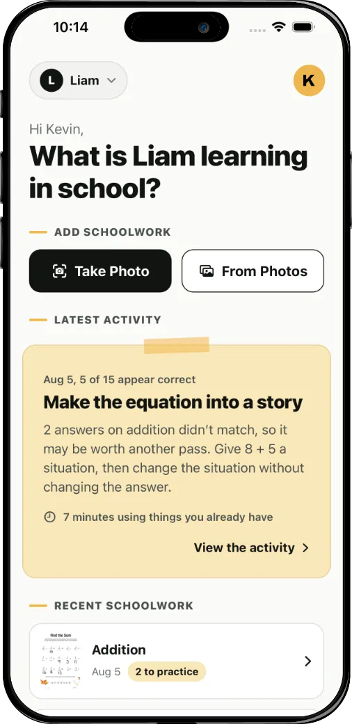 The Snapacket home screen on an iPhone, showing a coaching note about turning an addition problem into a story