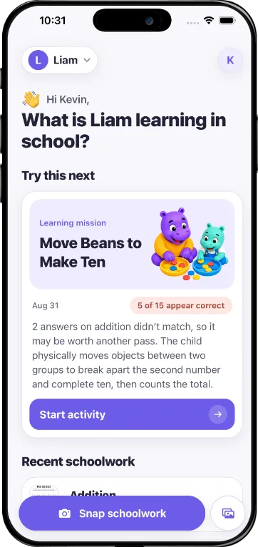 The Snapacket home screen on an iPhone, showing today’s recommended learning mission